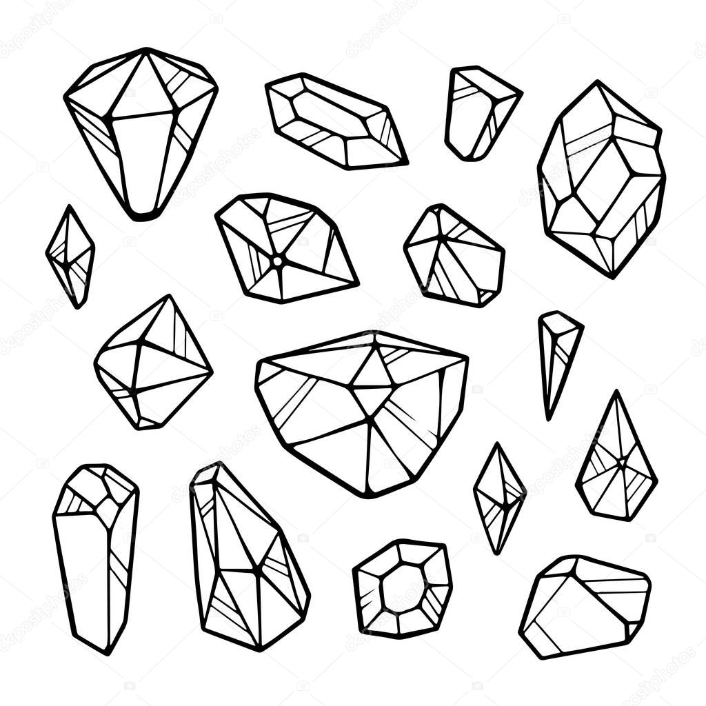 Vector line crystals isolated on white background. Outline sign kit of gemstone. Crystal thin line icons set. Mineral linear icon collection. Diamond, emerald, aquamarine and others.