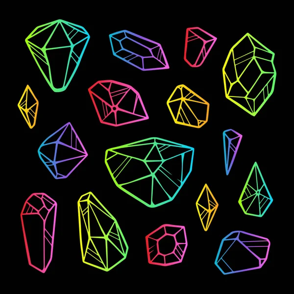 Vektorové čáry barevná neon krystaly na černém pozadí — Stockový vektor