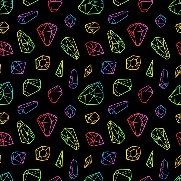 Couleur de ligne vectorielle cristaux néon motif sans couture isolé sur fond noir — Image vectorielle