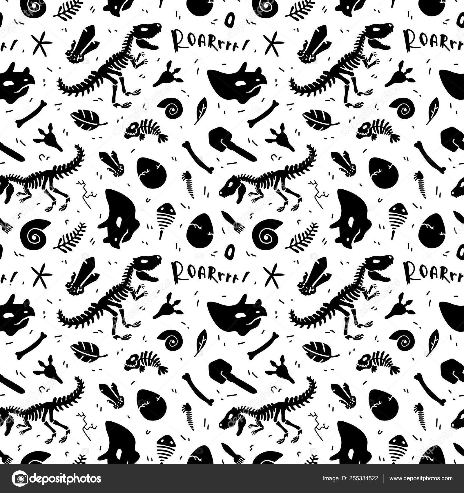 Dinosaur skeleton and fossils. Vector seamless pattern. Stock Vector