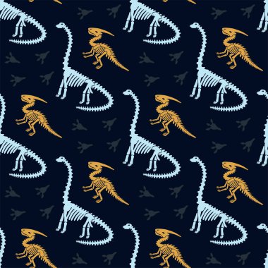 Dinozor iskelet parasaurolophus, Diplodocus ve fosiller. Vektör Dikişsiz desen. 