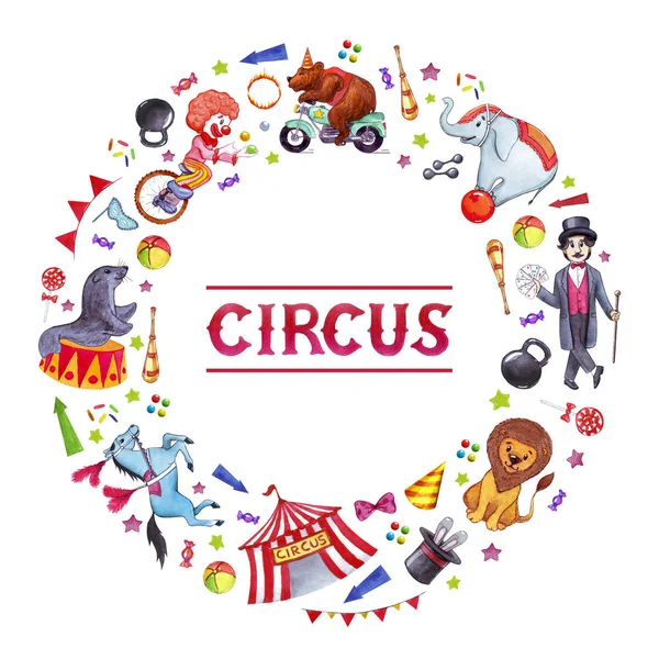 Aquarel rond frame met circusartiesten en elementen — Stockfoto