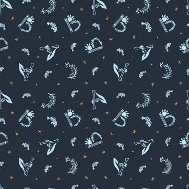 Dinazor iskeleti, mektup ve fosiller. Vektör seamless modeli. 