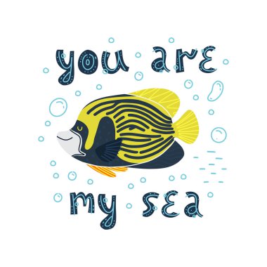 Bir deniz balığı İmparator melek balık Sevimli illüstrasyon. Vektör.