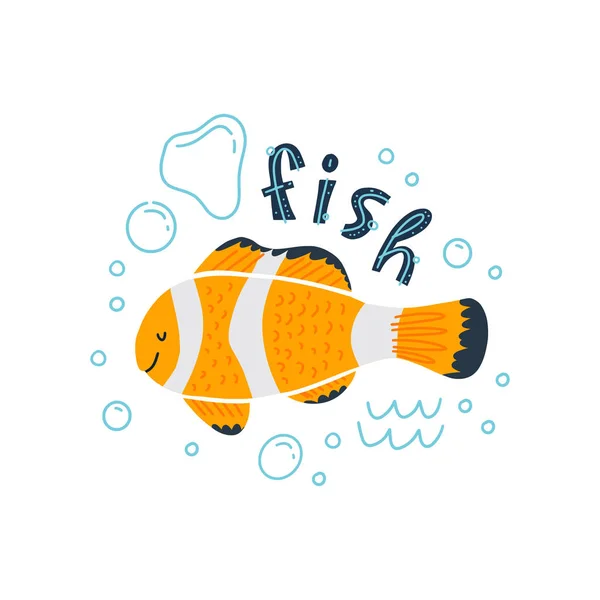 Vektorillustration eines niedlichen tropischen Fisches im Wasser mit Blasen. Schriftzug Fisch. — Stockvektor