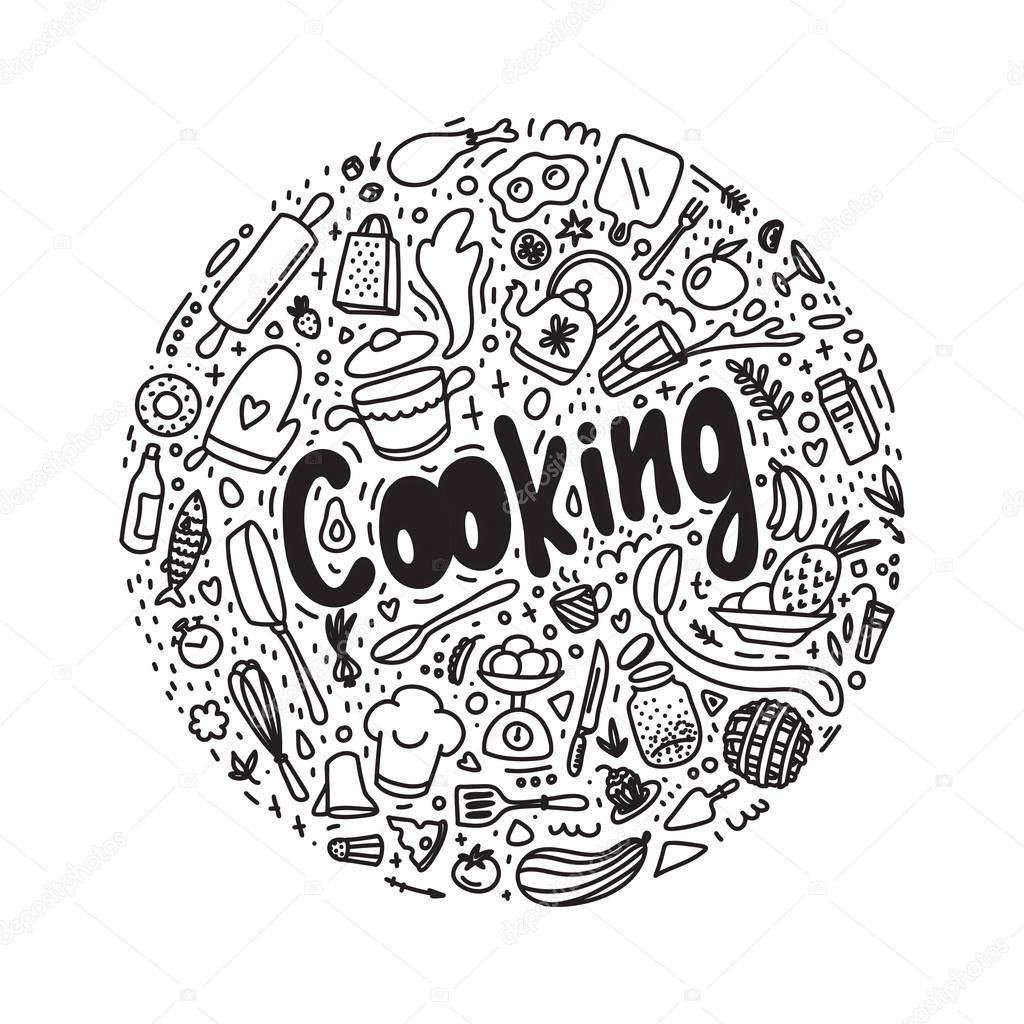Cooking doodle round illustration. Sketch kitchenware. Ingredients.
