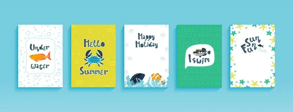 Σετ υποδείγματα από χαριτωμένες καρτ ποστάλ, φυλλάδια, αφίσες ή πανό με αστεία θαλάσσια ζώα. — Φωτογραφία Αρχείου