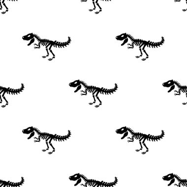 Siyah siluet tyrannosaur iskelet ile dikişsiz desen. Beyaz arka planda yalıtılmış.