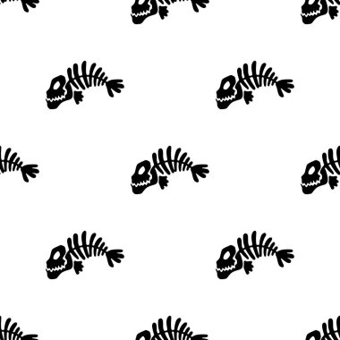 Siyah siluet piranha iskelet ile dikişsiz desen. Beyaz arka planda yalıtılmış.