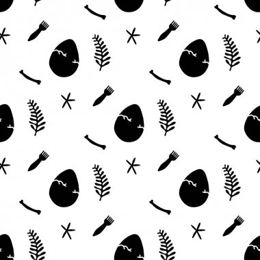 Siyah karikatür yumurta, bitkiler, yıldızlar, fırçalar ile Dikişsiz desen. Beyaz arka planda yalıtılmış.