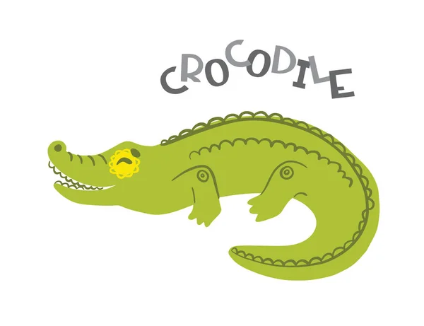 Crocodile personnage de dessin animé avec lettrage. Illustration isolée sur fond blanc . — Image vectorielle