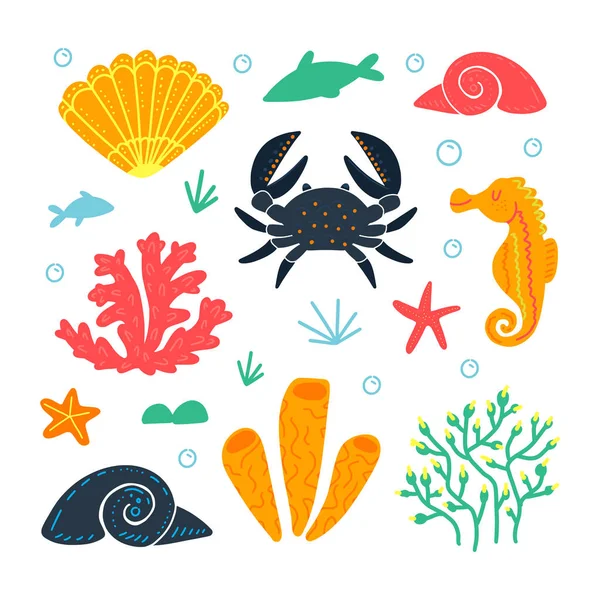 海洋動物と要素のセット。水中生活. — ストックベクタ