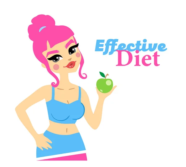 Skuteczna dieta kobiet. Zdrowy szczęśliwy charakter Pani z jabłkiem. Kształt korpusu. — Wektor stockowy