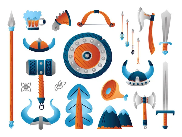 Set of viking weapon. Funny collection of cartoon military arsenal — Stock Vector