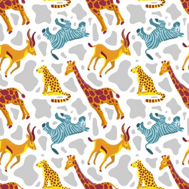 Tropikal Afrikalı hayvanlar zürafa, zebra, Cheetah. Beyaz üzerinde yalıtılmış Dikişsiz desen