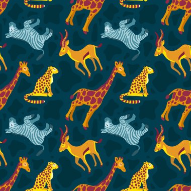 Tropikal Afrikalı sevimli hayvanlar zürafa, zebra, Cheetah. Karanlık arka planda Dikişsiz desen