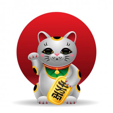 Maneki Neko Japonya şanslı kedi ile altın sikke üzerinde kırmızı daire