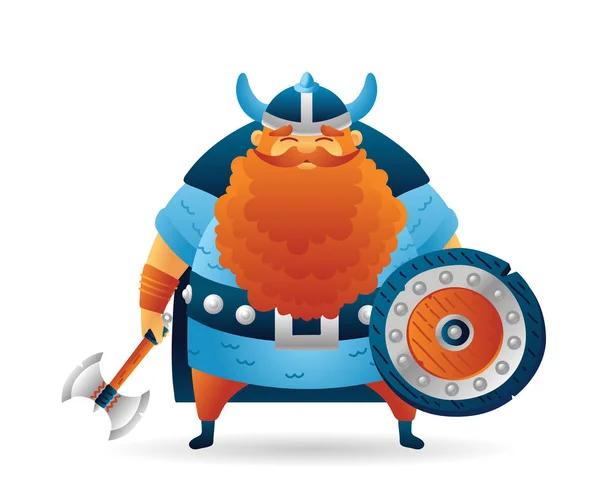 Cartoon viking cute character with shield and ax — Stock Vector