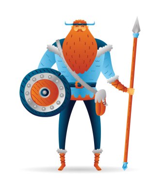 Mızrak ve kalkan ile Karikatür savaşçı viking sevimli karakter. Komik karikatür.