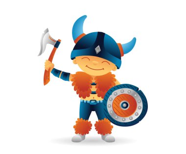 Karikatür viking gülümseyen çocuk norveççe, kalkan ve balta ile İskandinav karakteri
