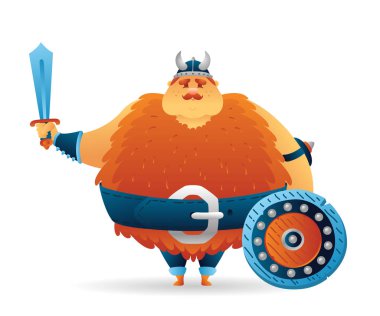 Karikatür viking sevimli şişman norveççe, kılıç ve kalkan ile İskandinav karakteri