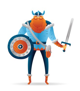 Kılıç ve kalkan ile karikatür savaşçı viking sevimli karakter.