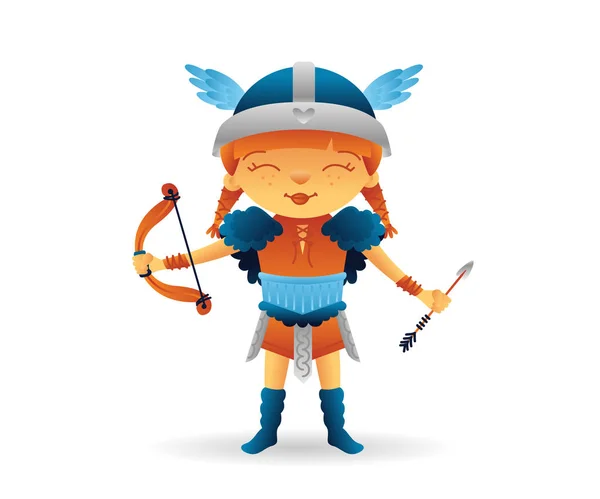 Cartoon viking cute smiling girl character with bow and arrow — Stock Vector