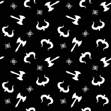 Viking silah sorunsuz desen. Siyah arka planda yalıtılmış beyaz renk. Vektör