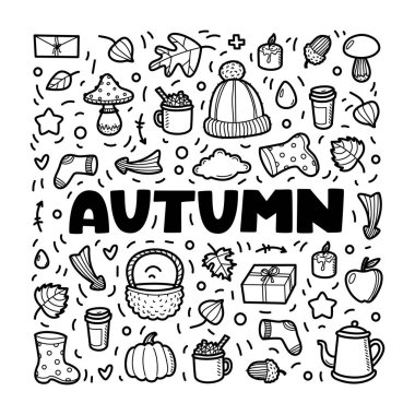 Sonbahar lineart simgeleri karalamaelemanları toplama. Vektör kümesi