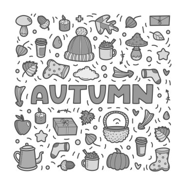 Sonbahar lineart simgeleri karalamaelemanları toplama. Vektör kümesi