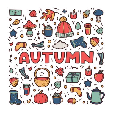 Sonbahar lineart simgeleri karalamaelemanları toplama. Vektör kümesi