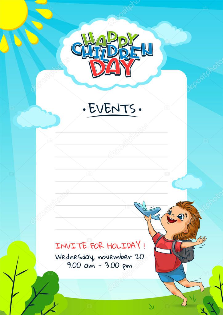 Children's day Poster invitation template. Happy Universal holiday. The cute little boys launches a toy planes
