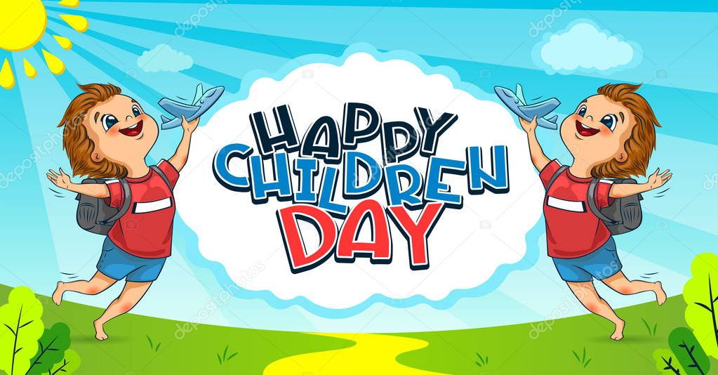 Happy Universal Children Day holiday. The cute little boys launches a toy planes. Lettering. Vector