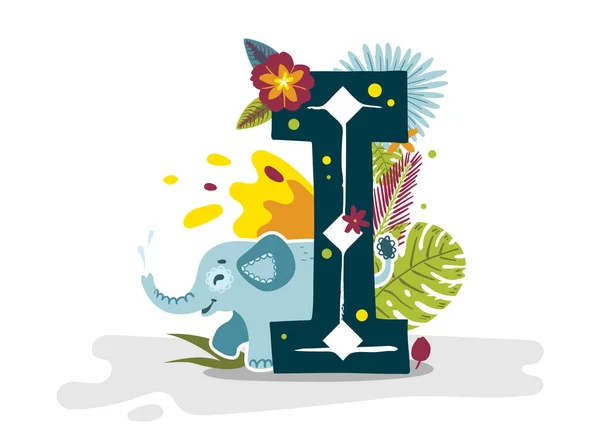열 대의 이국적 인 글자 I, 동물, 꽃. 귀여운 만화 플랫 스타일 글꼴 — 스톡 벡터