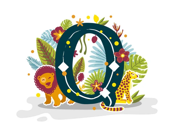 Tropical exotic letter Q, animals lion and cheetah, flowers. — Stock Vector