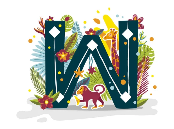 Tropical exotique lettre W, animaux singe et girafe, fleurs. Mignon dessin animé — Image vectorielle