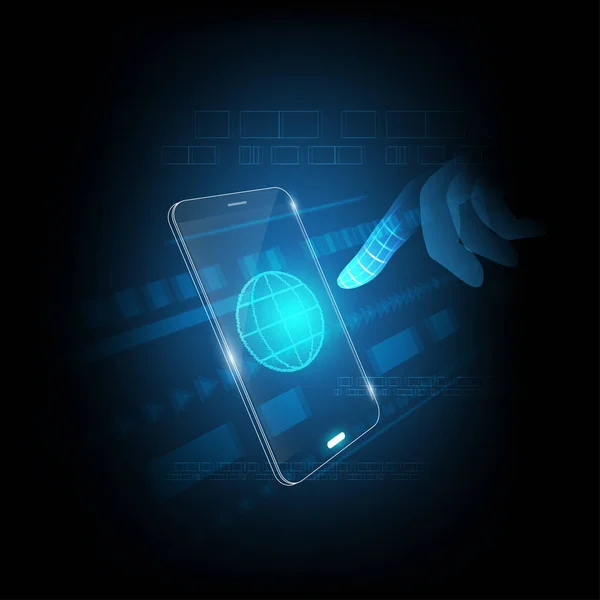 Bağlı yüksek teknoloji, parmak dokunmatik akıllı telefon, hızlı dünya bağlı. Neon ışık geometrik şekil ve hattı. Vektör illüstrasyon kavramı fütüristik teknoloji, iş, sanayi için.