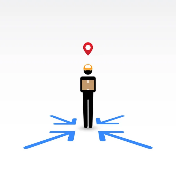 Messenger, teslimatçı, paket kutu mavi ok yönünü ile katta vererek. Vektör çizim için göndermek herhangi bir yeri kavramı, online hızlı hizmet, e-ticaret.  