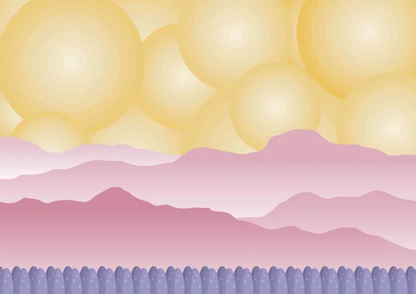 Fantezi renkli manzara, dağlar, ağaçlar, dairesel gökyüzü sahne soyut. Vektör çizim panorama, oyun, Web sitesi, yazdırma için gezegenin uzay bilim-kurgu arka plan. 