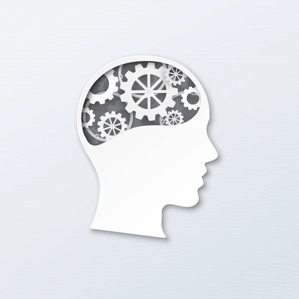 İnsan kafası ile beyin vites devam ediyor. Vektör çizim kağıt sanat, kağıt kesme tarzı düşünce akla, beyin sistemi, psikoloji, teknoloji ve bilgi kavramı için.