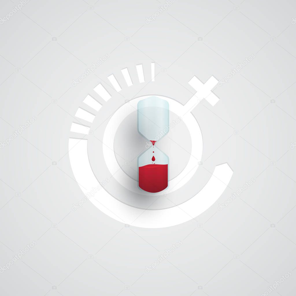 Woman biological clocks icon, red water drop in sandglass on white background, menopause and limited fertility.  Vector illustration for medical, feminine age, female health awareness sign.