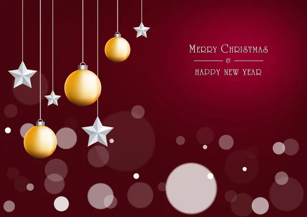 Toplar, yıldız, kabarcık ile kırmızı Noel arka plan. Tatil ve sezonu dileklerimle. Vektör çizim şablonu ile neşeli Noel tebrik kartı için metin.