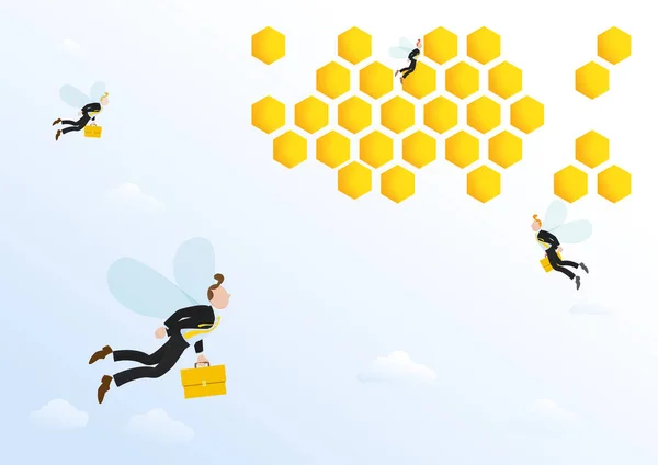 İşadamı, ofis çalışanları için arı kovanı, office uçan çanta ile. Vektör illüstrasyon kavramı benzetme insan çalışma hayatına arı gibi.