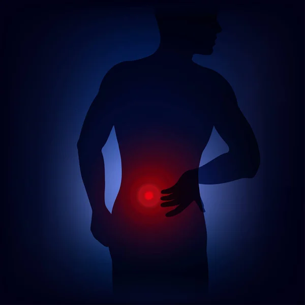 İnsan sırt ağrısı, bel ağrısı, bel ağrısı, vücut için el basarak belirtisi olan. Vektör çizim, neon ışık style, sağlık, sağlık sorunları için kavram.