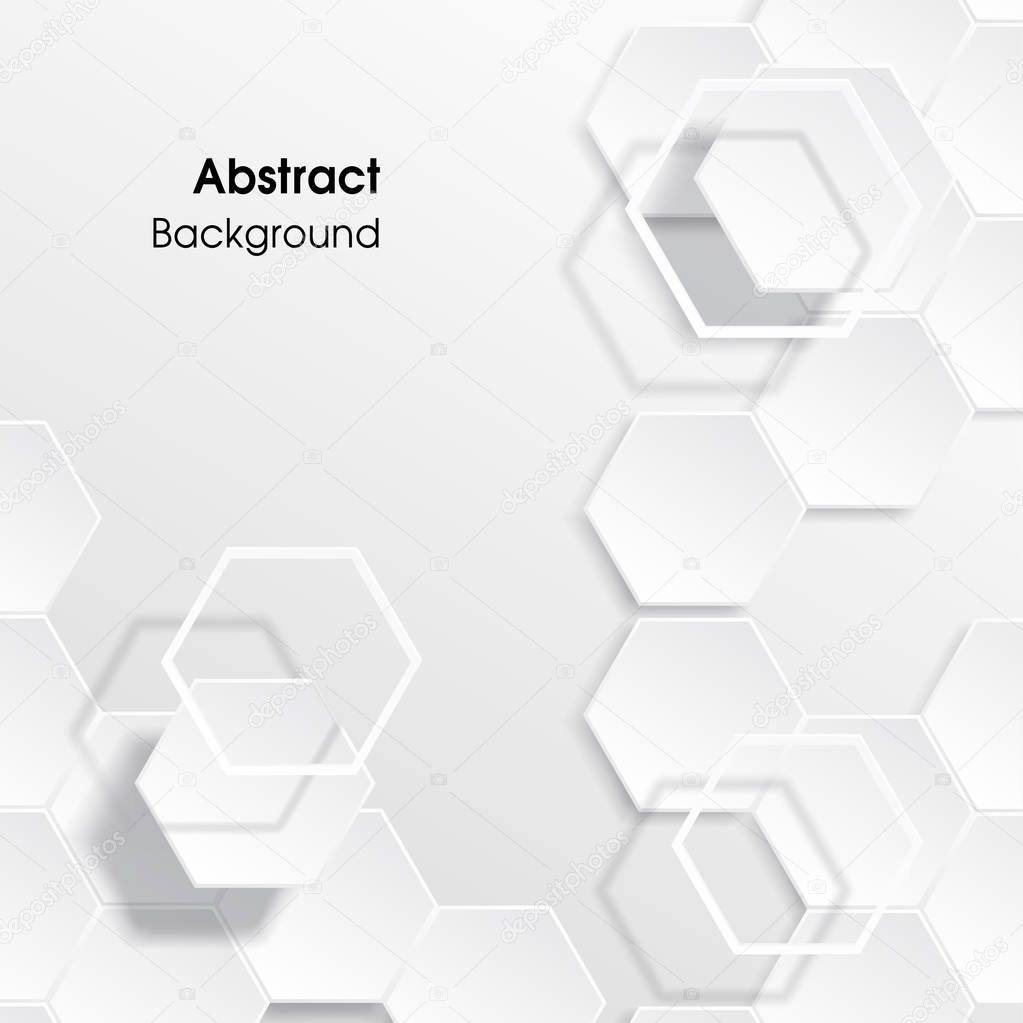 Hexagon geometric piece and frame abstract white background. Vector illustration paper art and 3d style concept for technology and science, molecule, chemical, medicine or futuristic business.