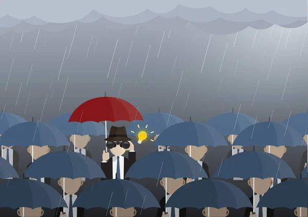 İş adamı dürbünle bakarken yağmura yakalanır ve fikirleri olur. Vektör illüstrasyon iş vizyonu, problem çözme, yaratıcı, Liderlik kavramı. 