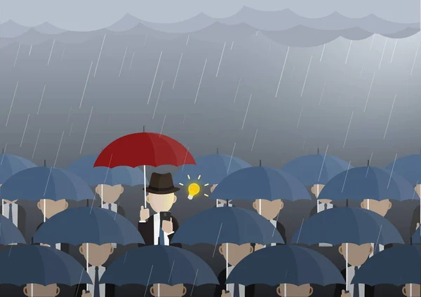 İş adamı yağmura yakalanırken akıllı telefonu kullanır ve fikirleri vardır. Vektör illüstrasyon problem çözme, başarı, Liderlik kavramı. 