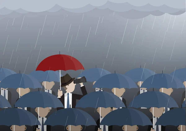 İş adamı dürbünle bakarken yağmura yakalanır. Vektör illüstrasyon iş vizyonu, problem çözme, yaratıcı, Liderlik kavramı. 