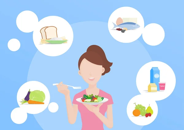 Escolhas Dieta Úteis Jovem Mulher Escolher Alimentos Que Benéfico Para — Vetor de Stock