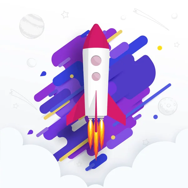 Uzayda uçan uzay roketi fırlatma, galaksi ile sahne. Vektör illüstrasyon kağıt sanat düz stil, iş başlangıç kavramı.  